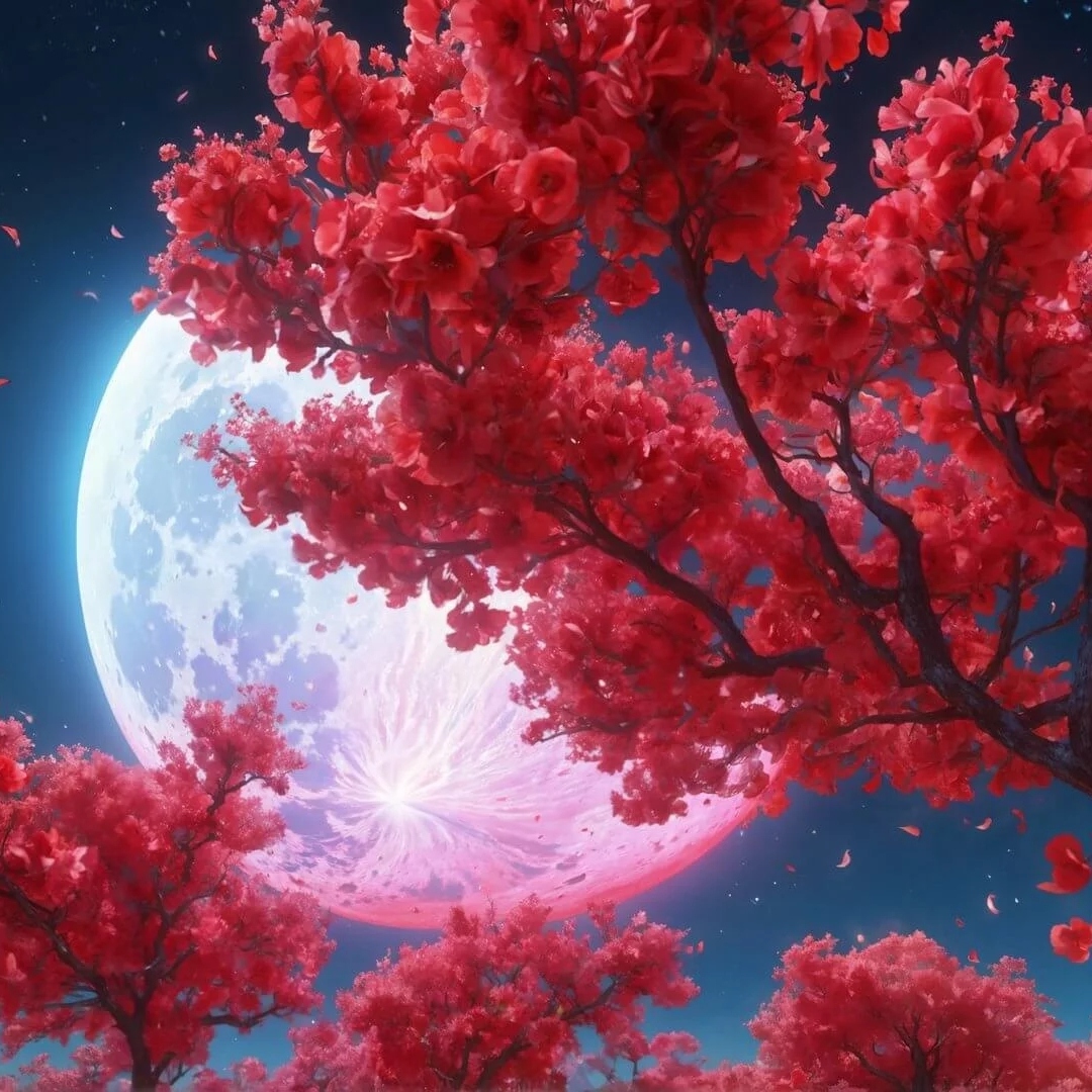 在夜晚月光的照射下美丽的开满了红色的樱花树头像图片