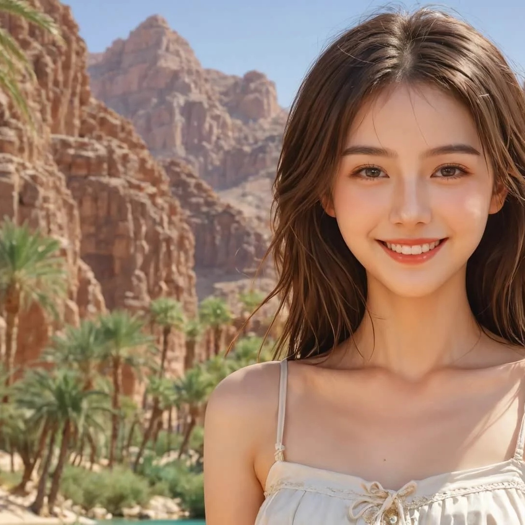 背景是山川和绿植笑容灿烂的年轻女子身穿浅色吊带上衣头像图片