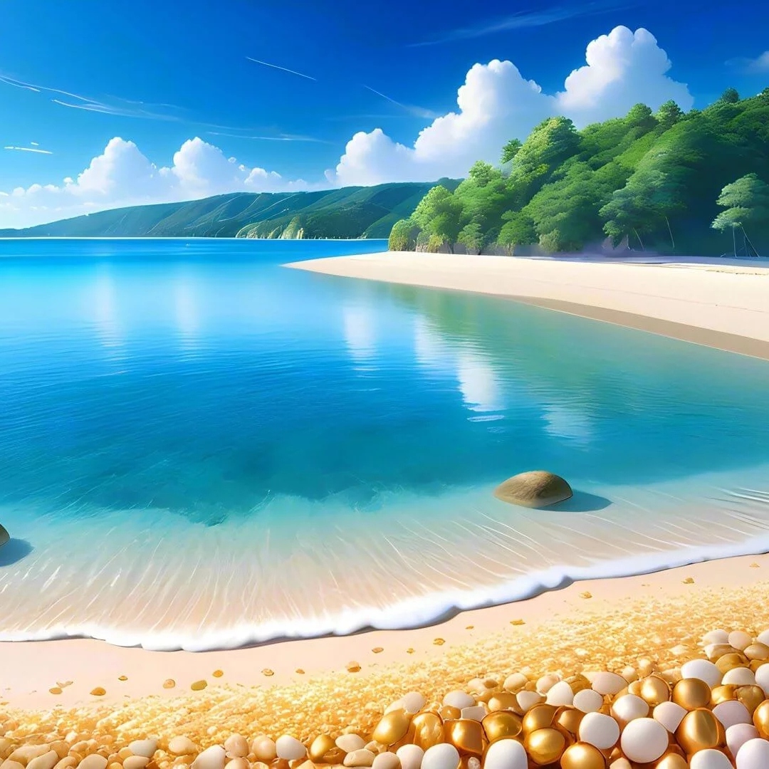 清澈海水与沙滩以及远方山景的美丽海景画头像图片