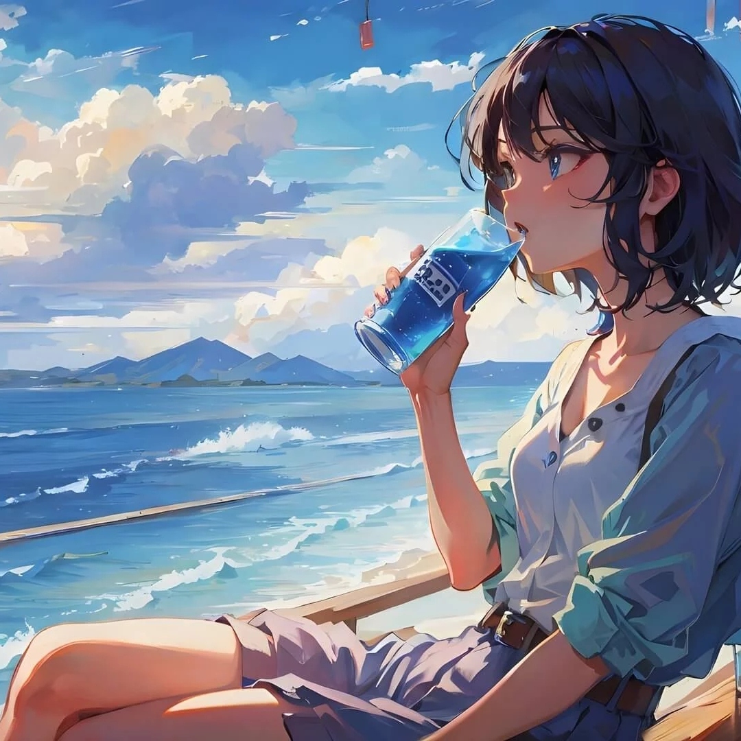 海边喝饮料的短发动漫女生头像图片