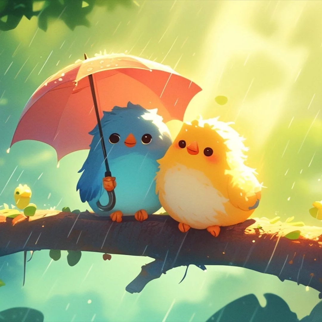 两只可爱的小鸟依偎在一起坐在树枝上打伞躲雨头像图片