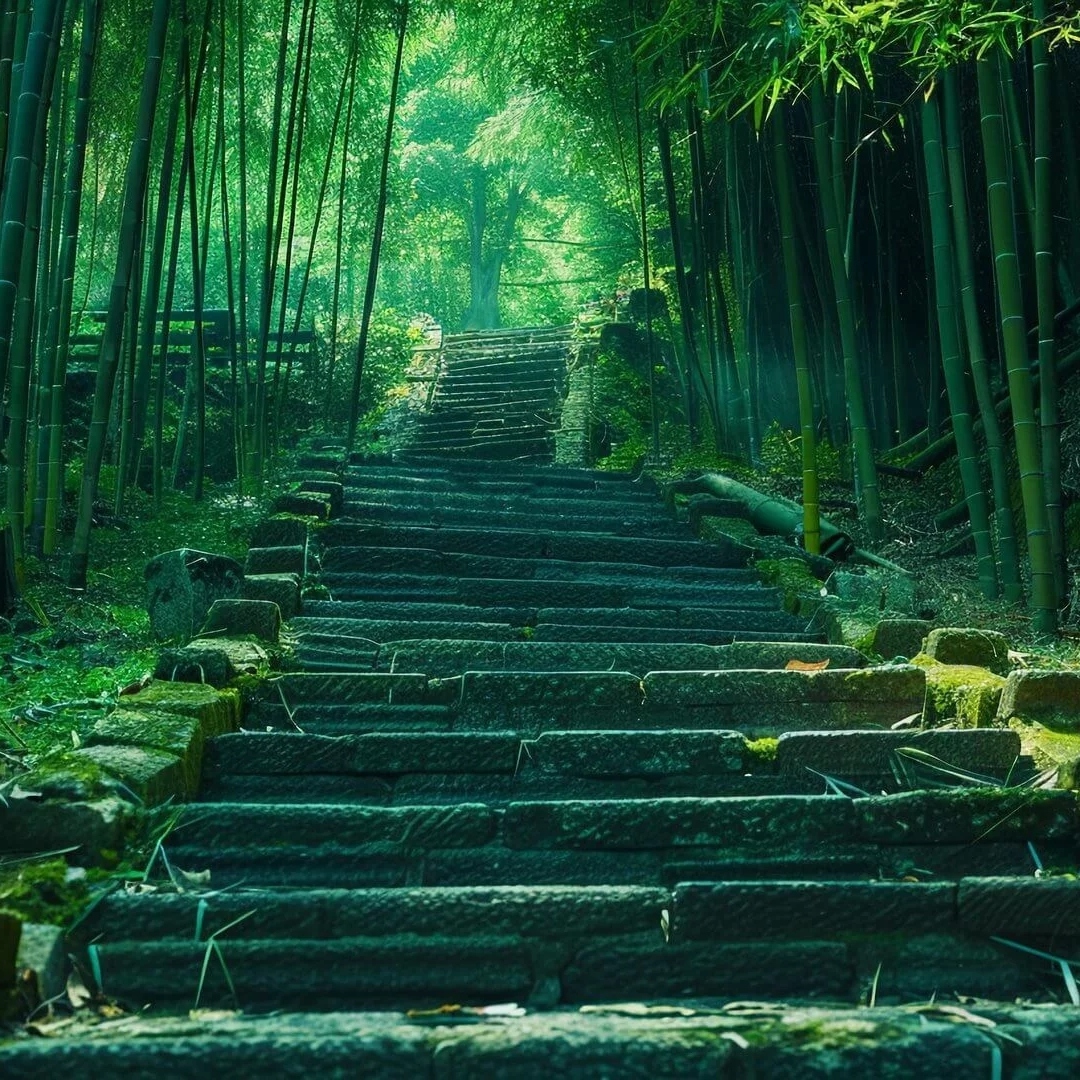 一条石阶小径穿过一片竹林头像图片