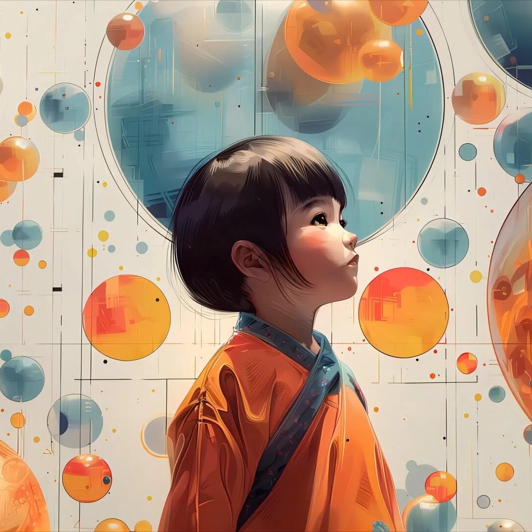 小女孩穿着橘色的衣服绘画头像图片