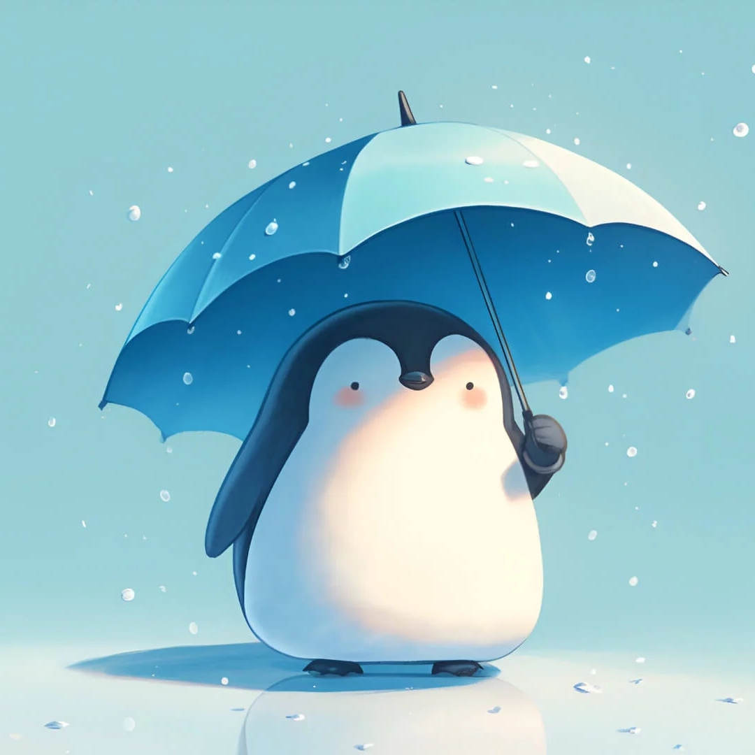 一只企鹅撑着一把蓝色的雨伞站在雨中头像图片