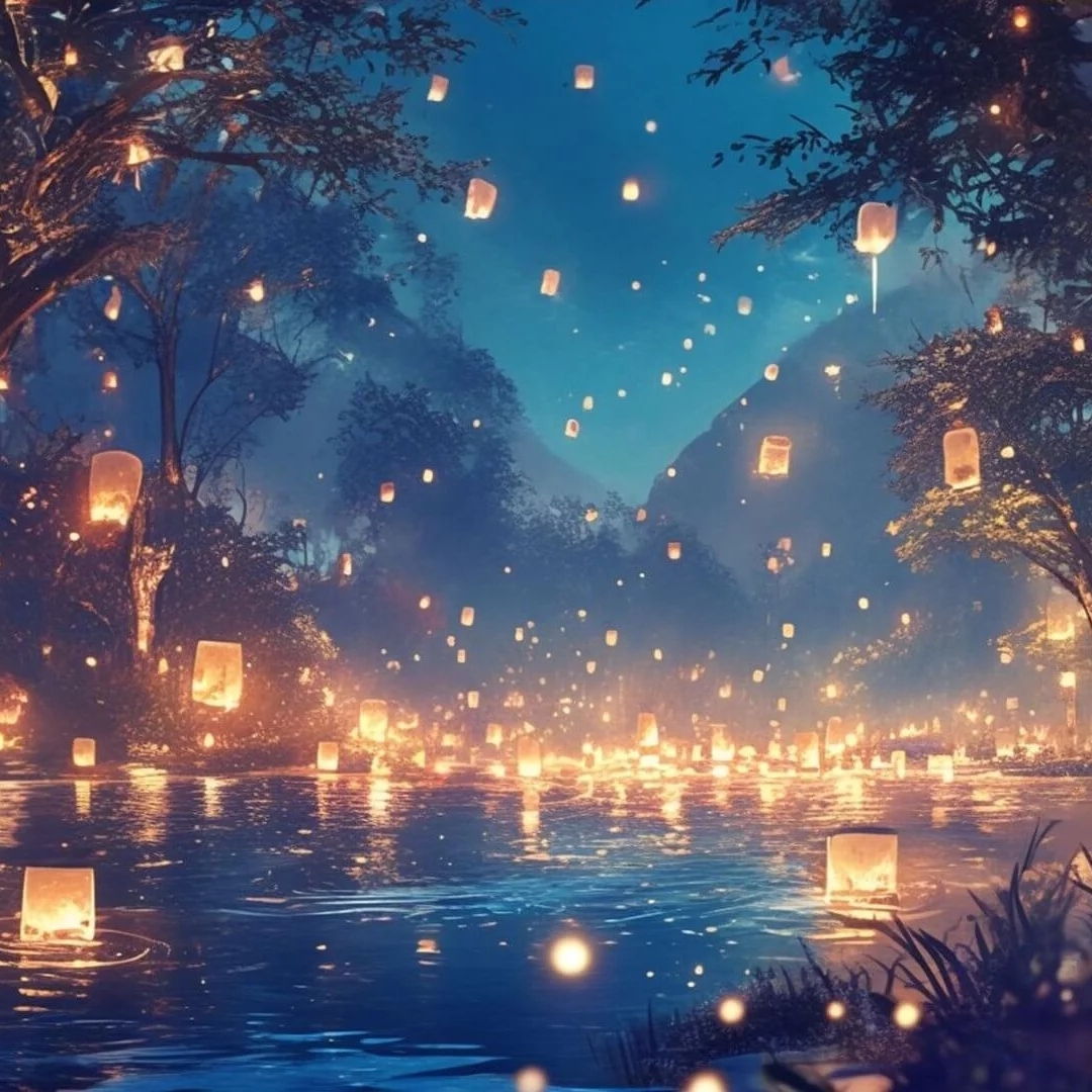 夜晚水边树林中天空中有星星点点的孔明灯飞起头像图片