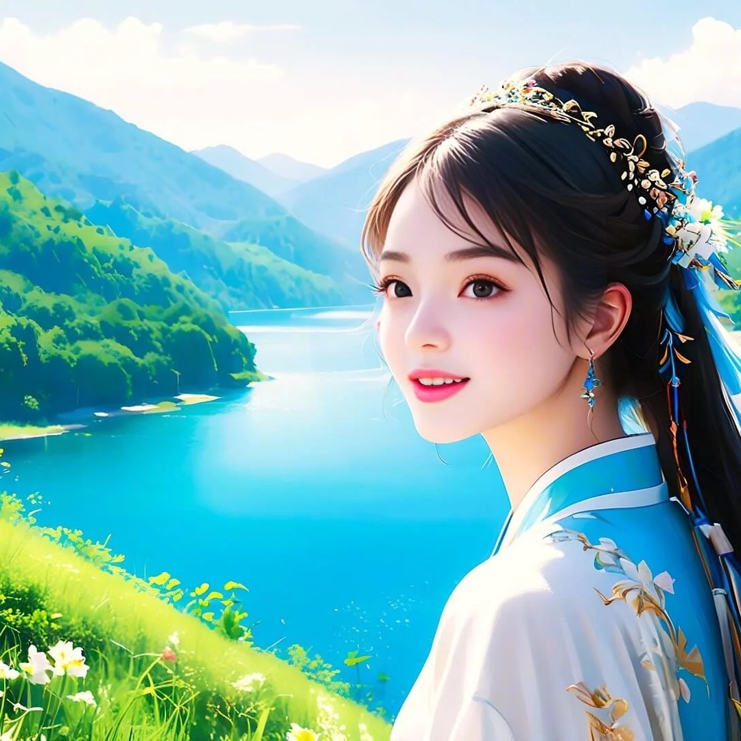 穿着古装的美女站在山水之间插画头像图片