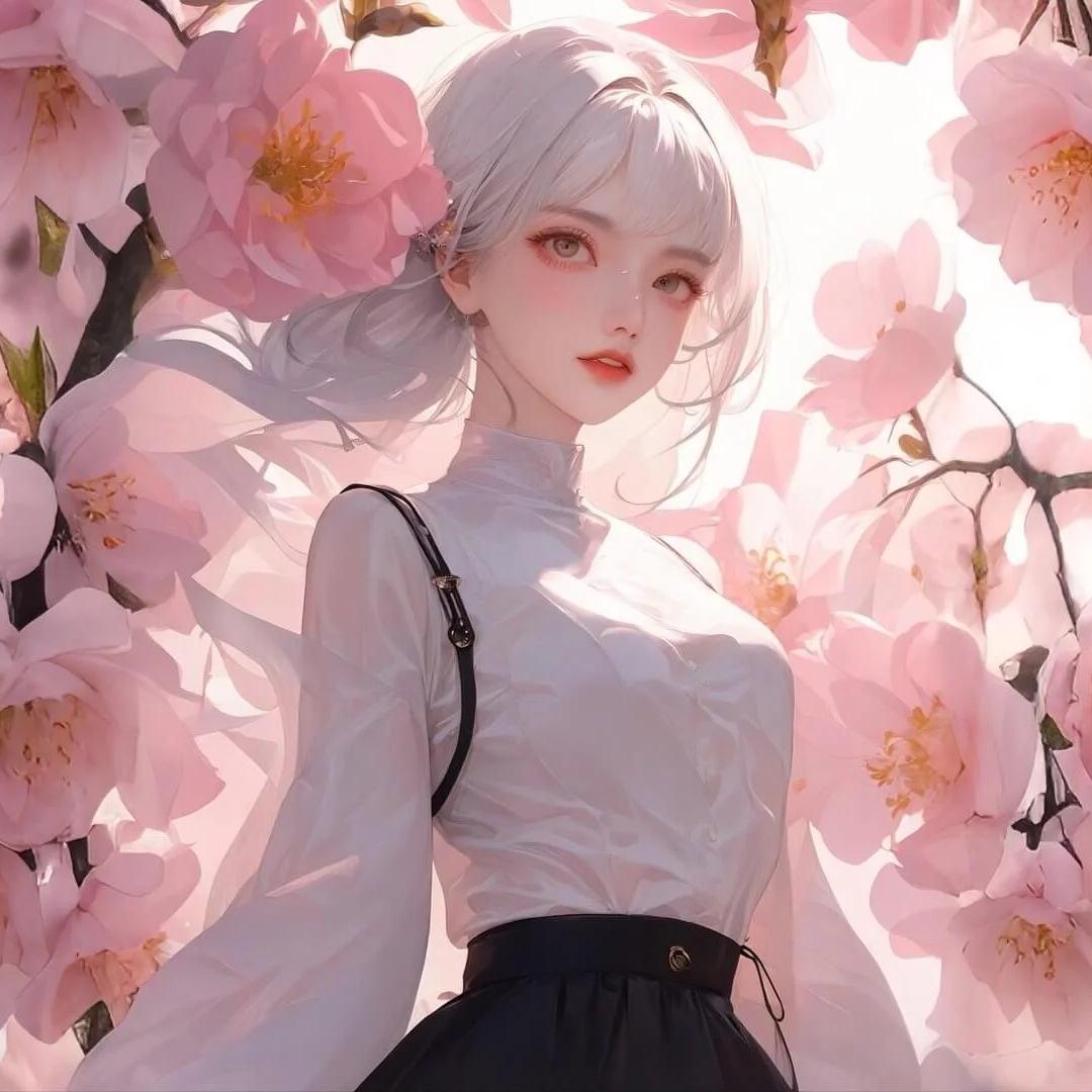 背景是粉色的樱花花瓣一个身穿白色衣服的动漫女孩头像图片