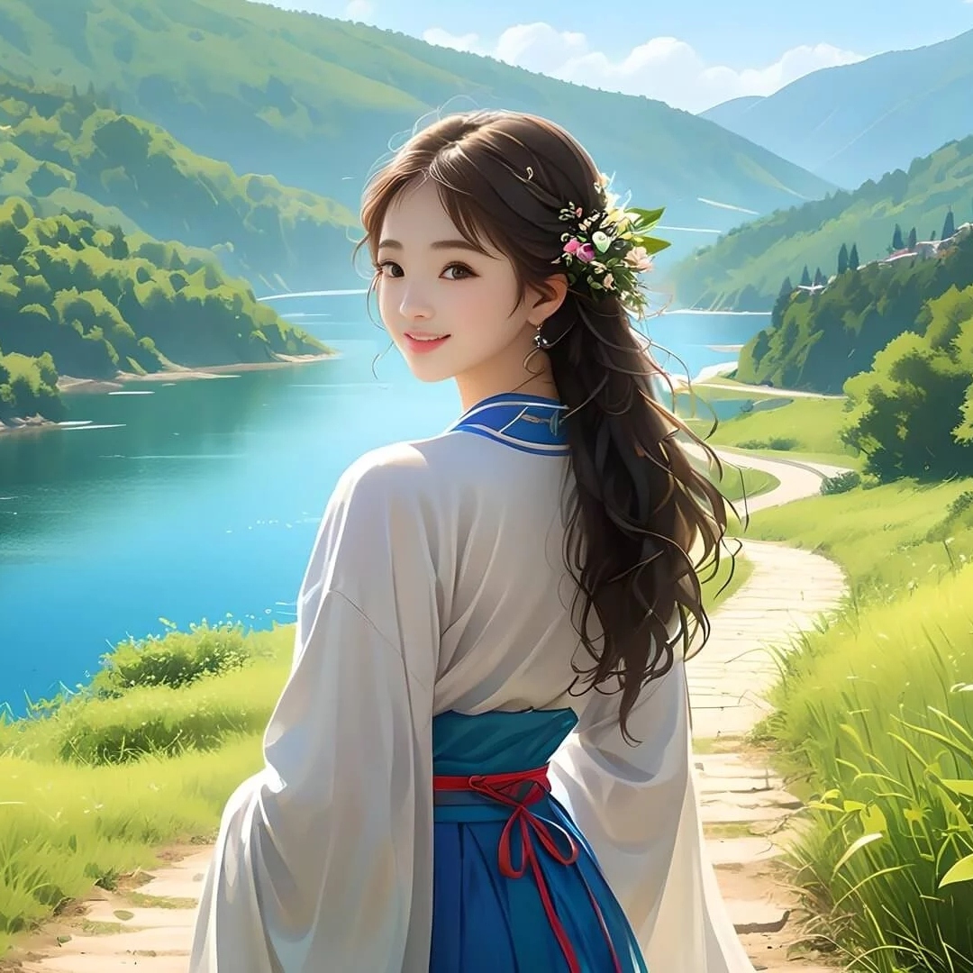古风美女扎着马尾辫穿着白色汉服背对着画面向后看去头像图片