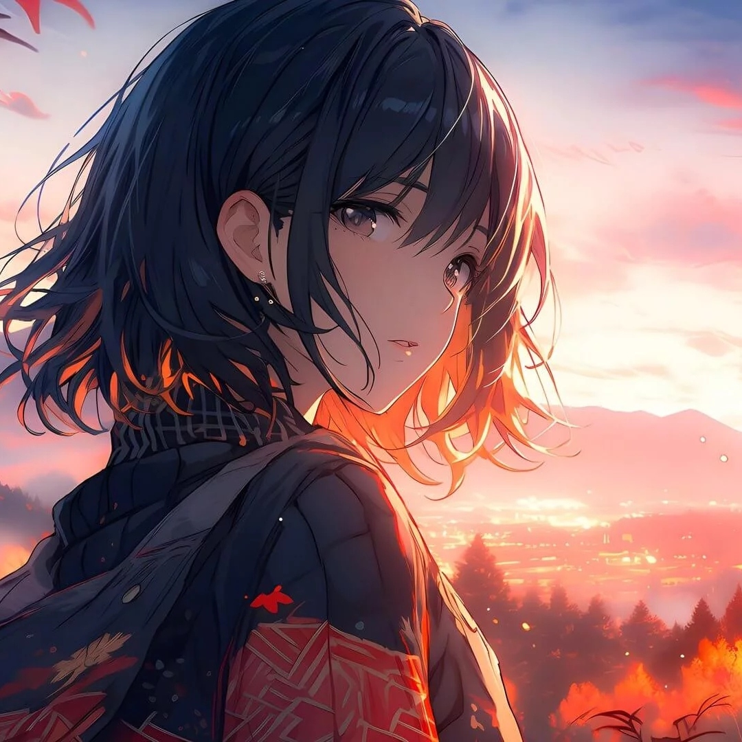 落日余晖下美丽动人的短发少女侧脸的动漫插画头像图片