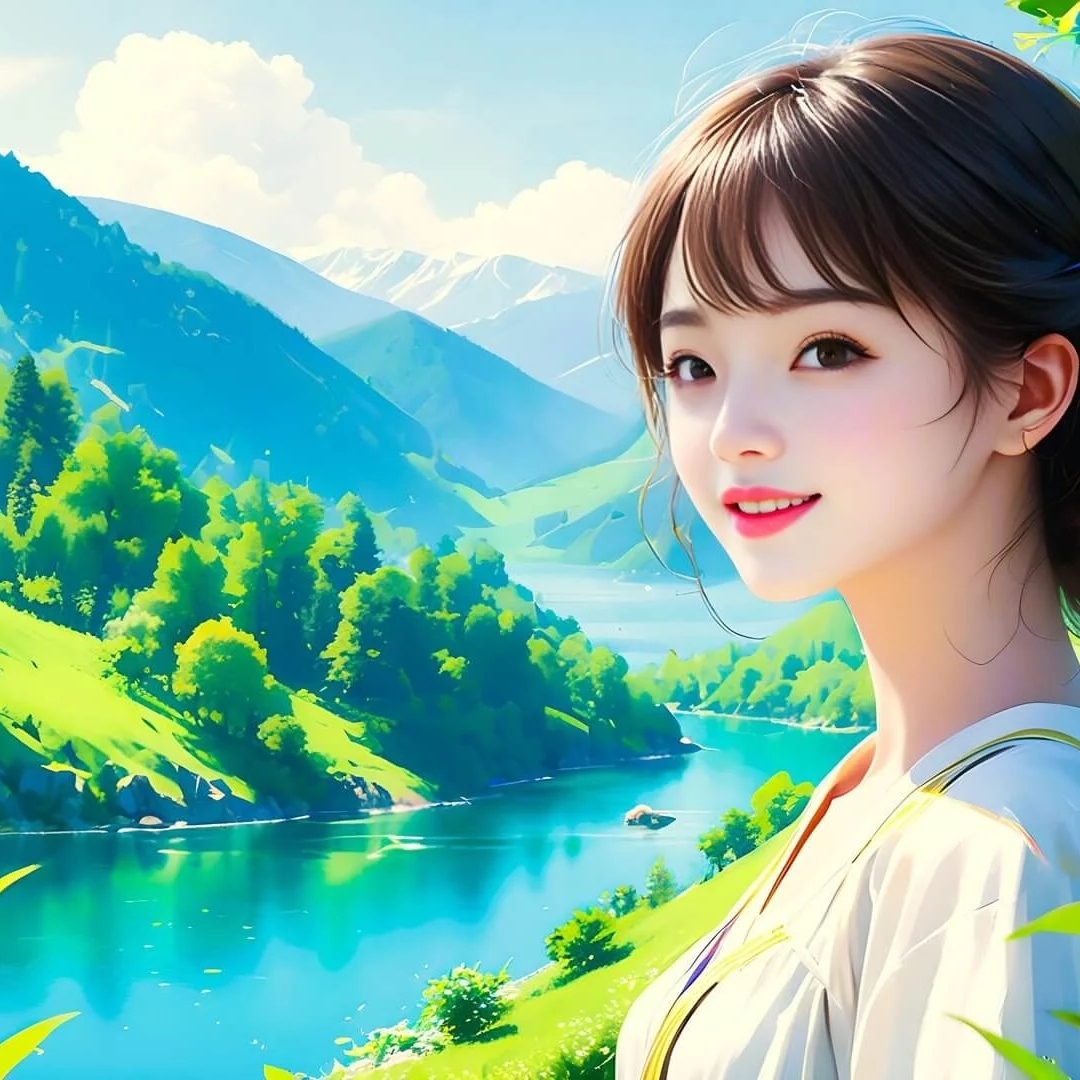 背景是绿水青山面带微笑的长发女孩头像图片