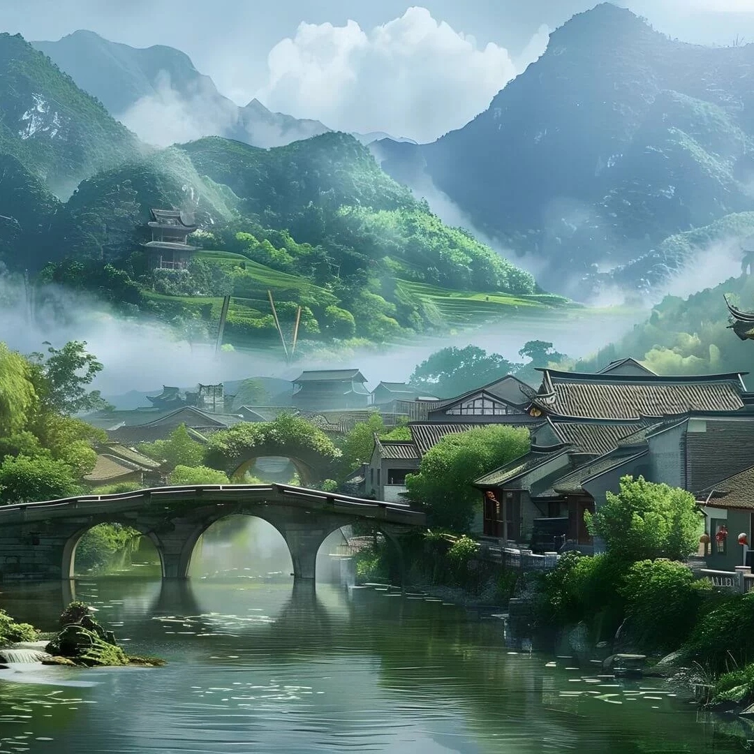 依山傍水的江南小镇在云雾缭绕中若隐若现山水田园头像图片