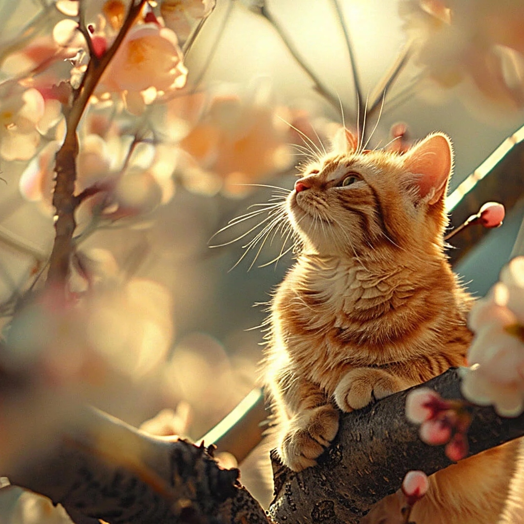 一只可爱橘猫坐在花枝中头像图片