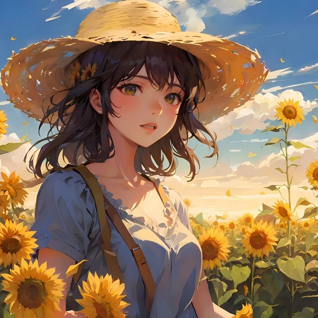 向日葵花海戴帽子动漫女生头像图片