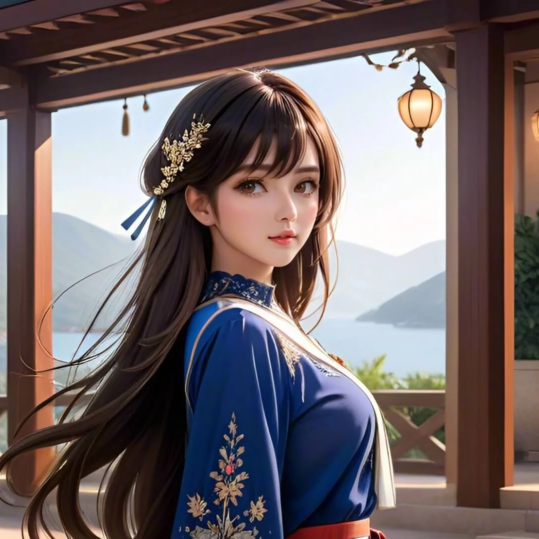 身穿蓝色绣花长裙古风美女头像图片