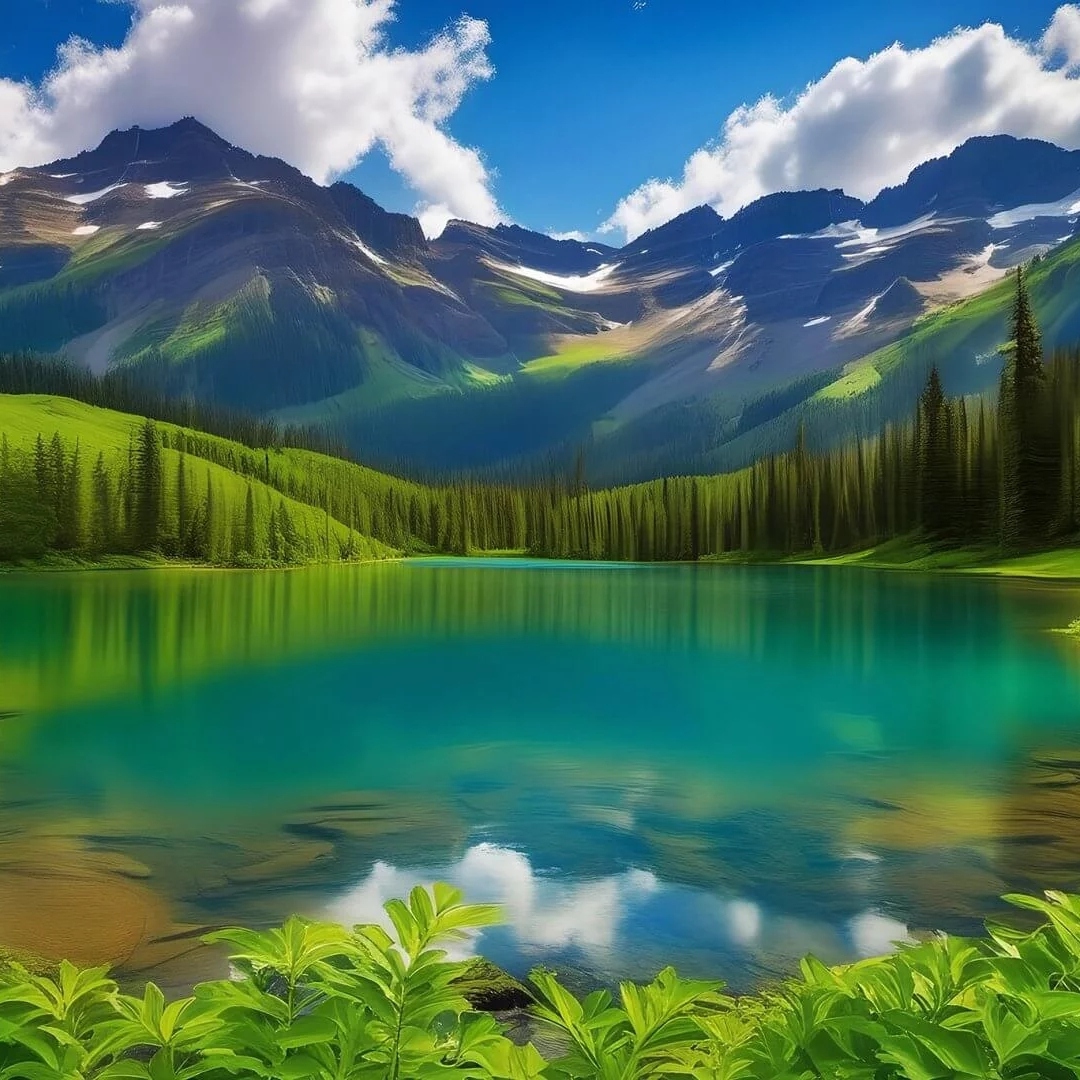 一幅美丽的山水画，远处是雪山，近处是一片翠绿的湖泊和森林
