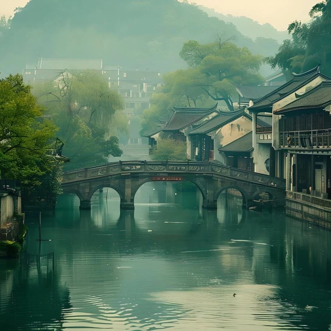 小桥流水人家灰瓦白墙古朴而宁静江南水乡景色头像图片