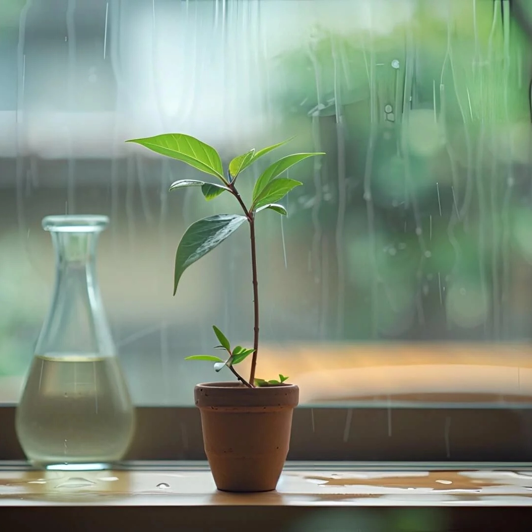 一盆绿植听雨意境风景头像图片