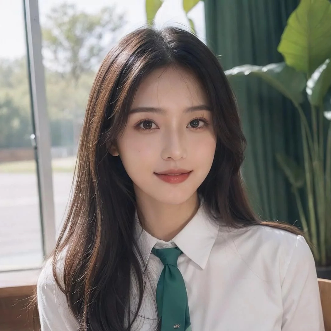 一位穿着白衬衫系着绿色领带的年轻女性头像图片
