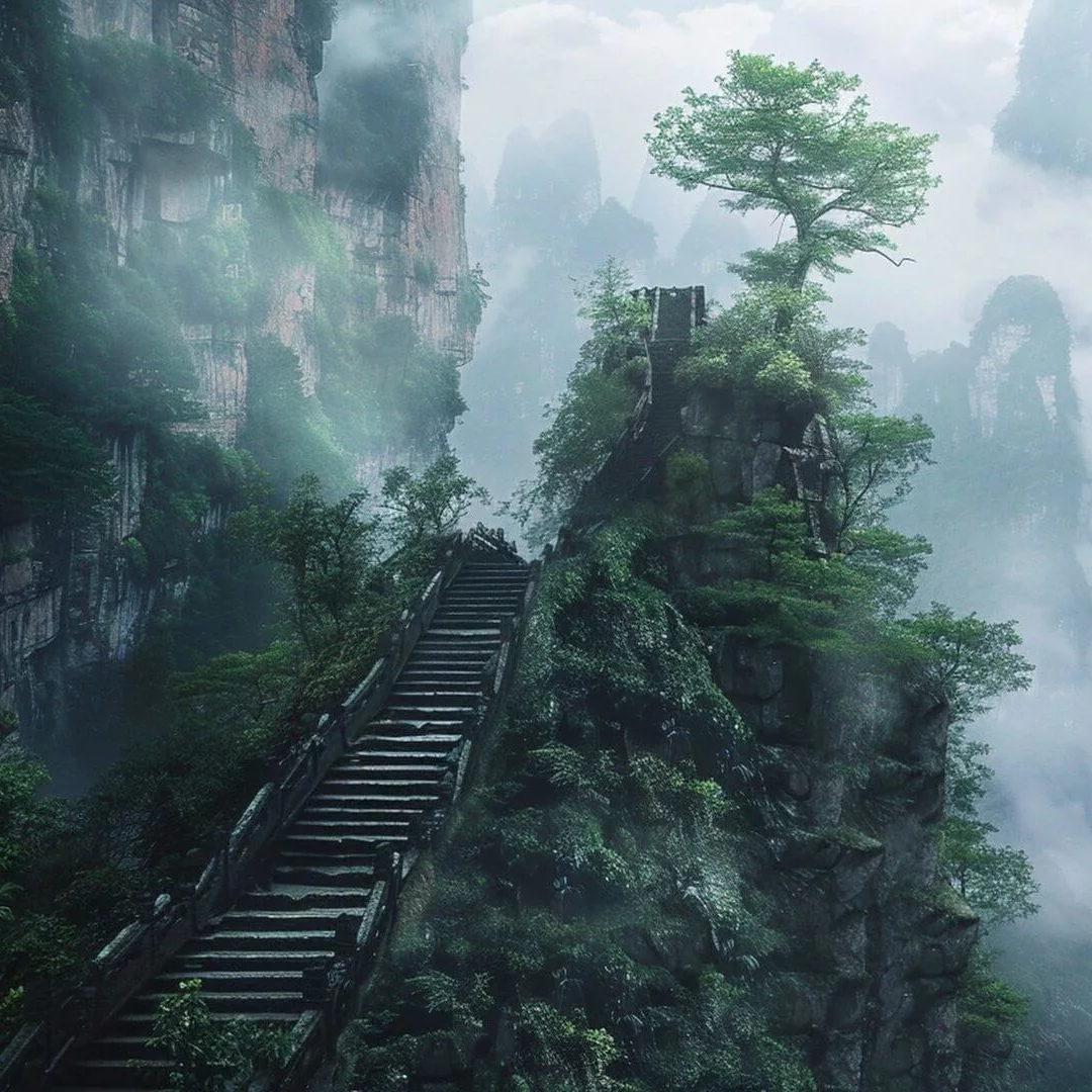 云雾缭绕的悬崖峭壁上台阶路风景头像图片