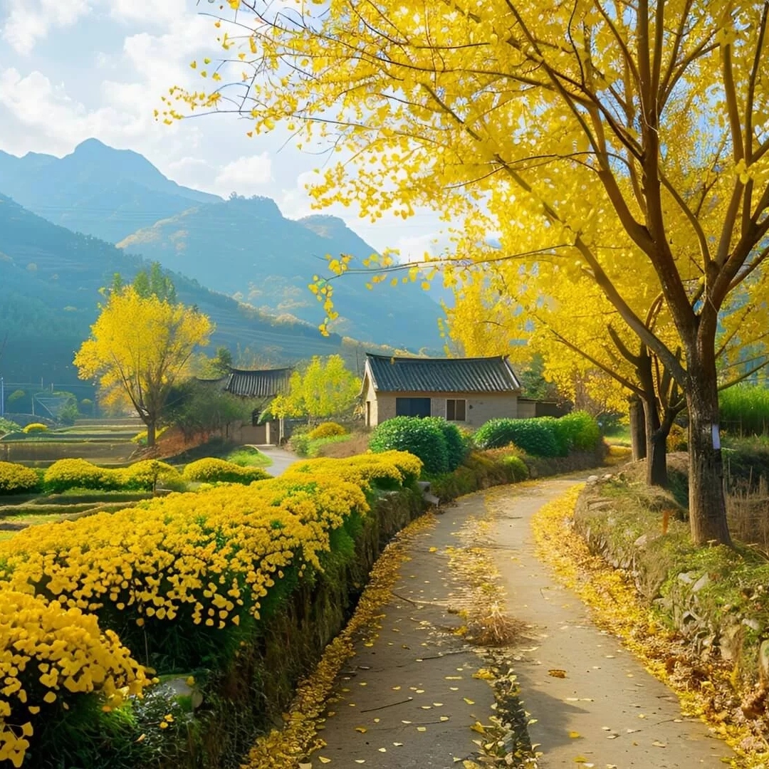 黄色的银杏树落叶和旁边的菊花盛开的乡村小路头像图片