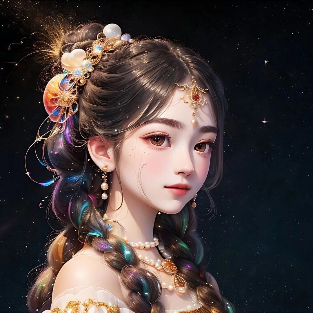 乌黑长发戴着金色的发饰和珍珠耳坠的古风少女头像图片
