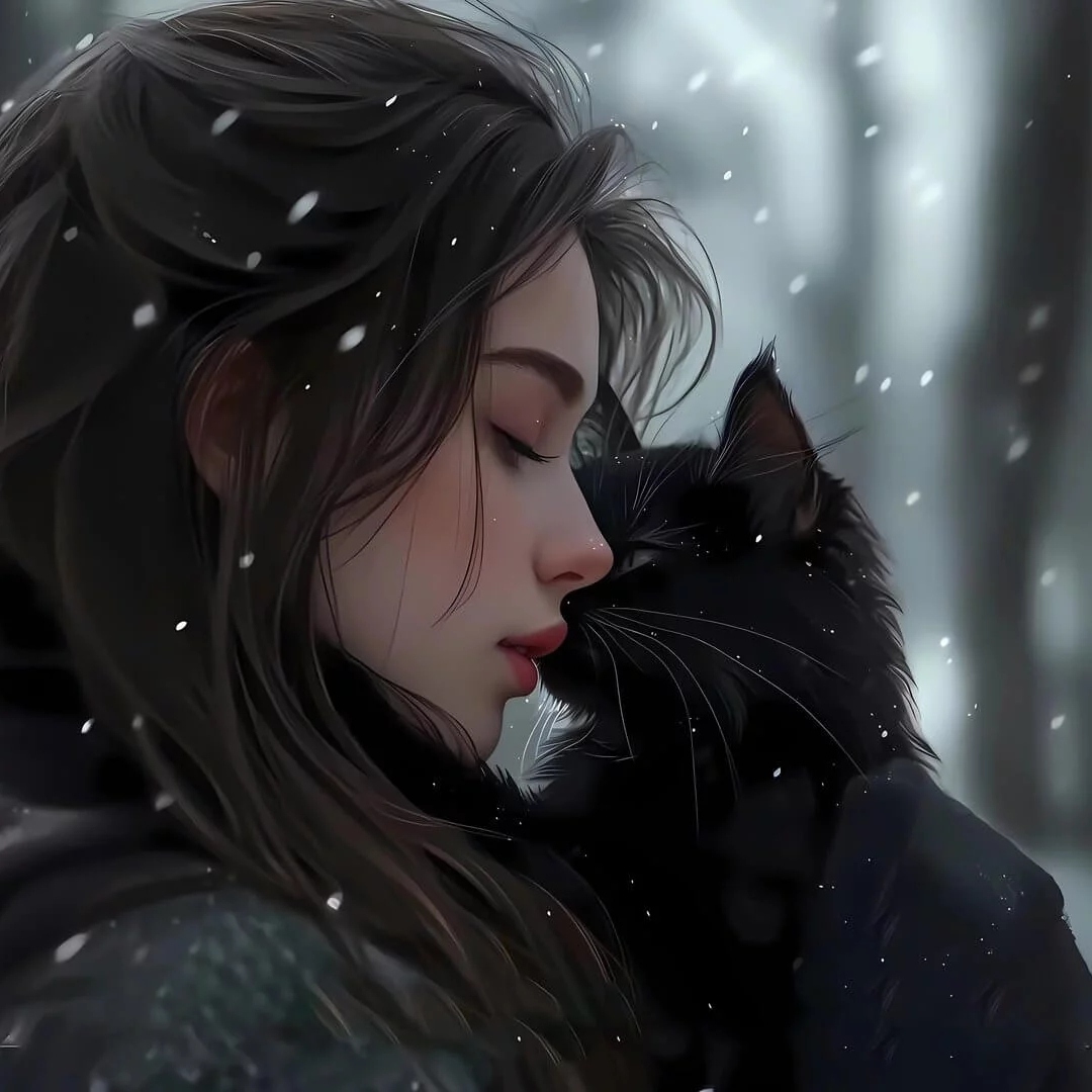 一个侧脸的美女和一只黑猫在下雪天互相依偎头像图片