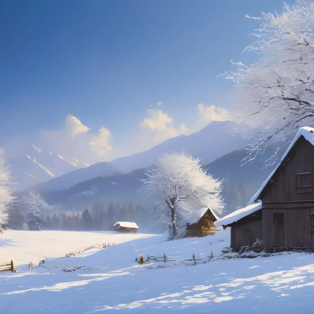 雪后乡村景色的油画头像图片